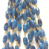 12X6MM Blue Glass Oval Goldtone Beadchain (~10 Ft) (1 pieces)