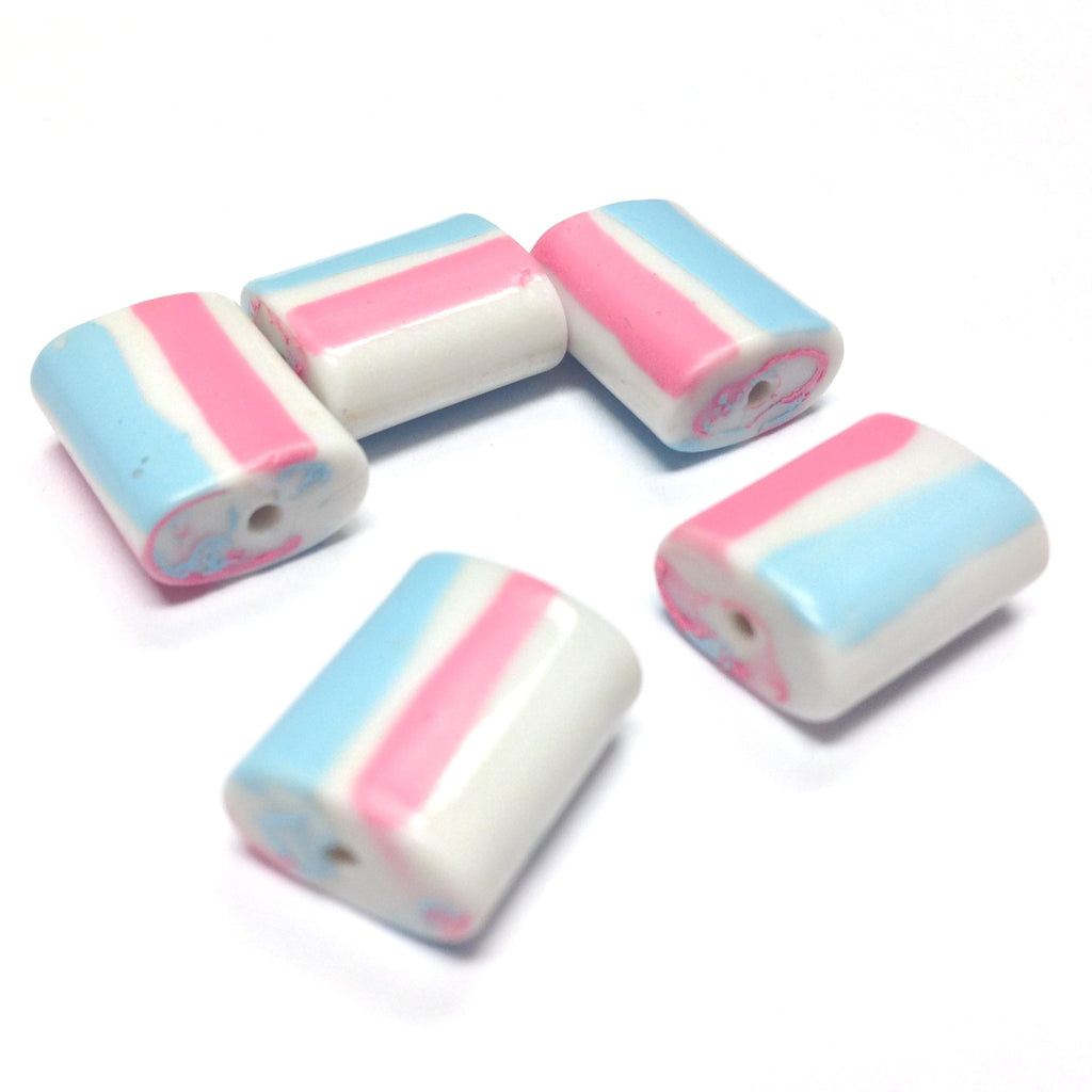 14X11X6MM White Glass Bead w/Pink & Blue Stripes (60 pieces)