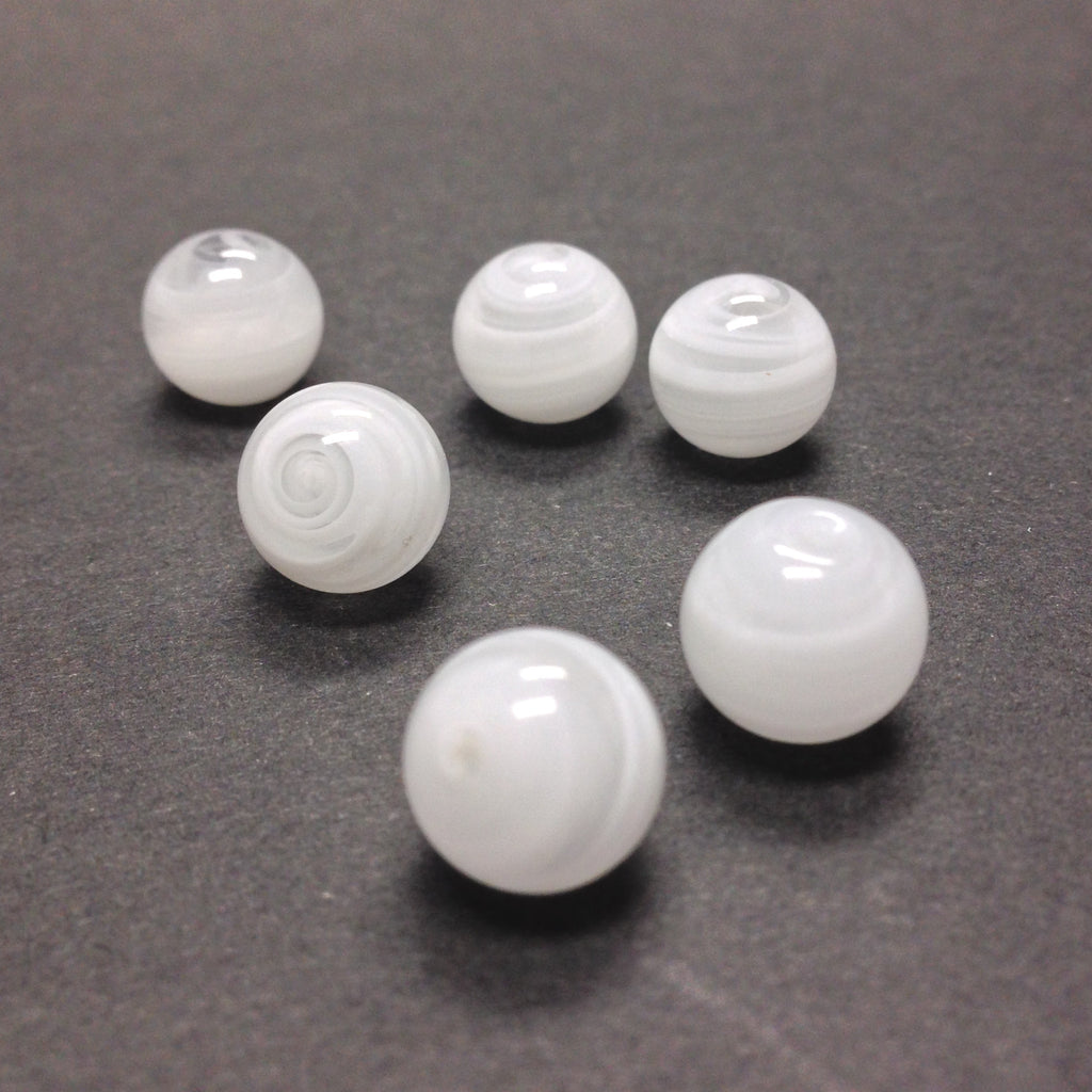 10MM White Swirl Glass Round 1-Hole Ball (15 pieces)